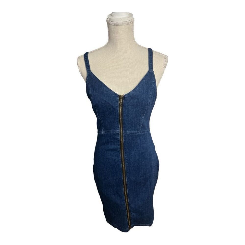 Haute Monde Blue Denim Mini Dress Size L Zip-Front Spaghetti Straps Sleeveless
